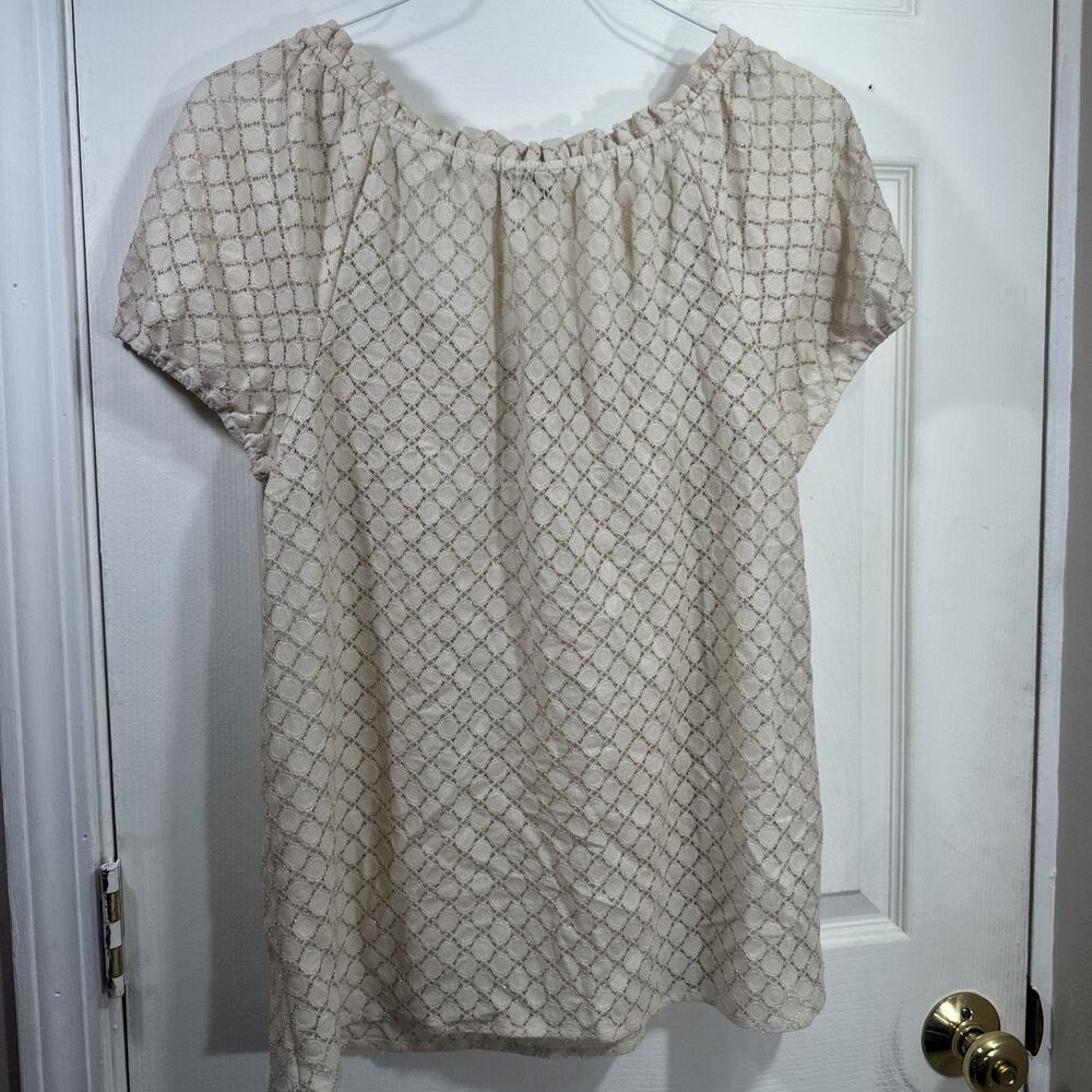Ann Taylor LOFT Peasant Blouse Womens M Cream Gold Metallic Lace Ruffle Top - Picture 8 of 9